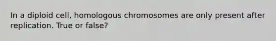 In a diploid cell, homologous chromosomes are only present after replication. True or false?