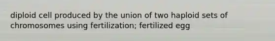 diploid cell produced by the union of two haploid sets of chromosomes using fertilization; fertilized egg