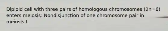 Diploid cell with three pairs of homologous chromosomes (2n=6) enters meiosis: Nondisjunction of one chromosome pair in meiosis I.