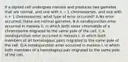 If a diploid cell undergoes meiosis and produces two gametes that are normal, and one with n − 1 chromosomes, and one with n + 1 chromosomes, what type of error occurred? A.No error occurred; these are normal gametes. B.A nondisjunction error occurred in meiosis II, in which both sister chromatids of a chromosome migrated to the same pole of the cell. C.A nondisjunction error occurred in meiosis I, in which both members of all homologous pairs migrated to the same pole of the cell. D.A nondisjunction error occurred in meiosis I, in which both members of a homologous pair migrated to the same pole of the cell.