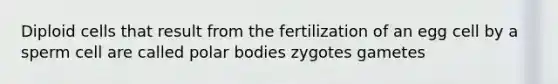 Diploid cells that result from the fertilization of an egg cell by a sperm cell are called polar bodies zygotes gametes