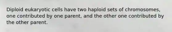 Diploid eukaryotic cells have two haploid sets of chromosomes, one contributed by one parent, and the other one contributed by the other parent.