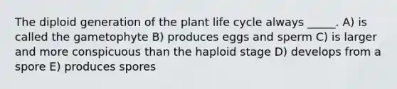 The diploid generation of the plant life cycle always _____. A) is called the gametophyte B) produces eggs and sperm C) is larger and more conspicuous than the haploid stage D) develops from a spore E) produces spores