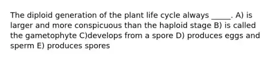 The diploid generation of the plant life cycle always _____. A) is larger and more conspicuous than the haploid stage B) is called the gametophyte C)develops from a spore D) produces eggs and sperm E) produces spores