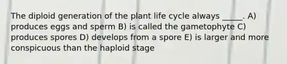 The diploid generation of the plant life cycle always _____. A) produces eggs and sperm B) is called the gametophyte C) produces spores D) develops from a spore E) is larger and more conspicuous than the haploid stage