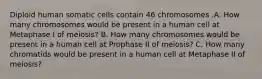 Diploid human somatic cells contain 46 chromosomes .A. How many chromosomes would be present in a human cell at Metaphase I of meiosis? B. How many chromosomes would be present in a human cell at Prophase II of meiosis? C. How many chromatids would be present in a human cell at Metaphase II of meiosis?