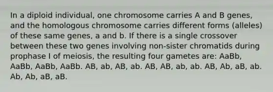 In a diploid individual, one chromosome carries A and B genes, and the homologous chromosome carries different forms (alleles) of these same genes, a and b. If there is a single crossover between these two genes involving non-sister chromatids during prophase I of meiosis, the resulting four gametes are: AaBb, AaBb, AaBb, AaBb. AB, ab, AB, ab. AB, AB, ab, ab. AB, Ab, aB, ab. Ab, Ab, aB, aB.