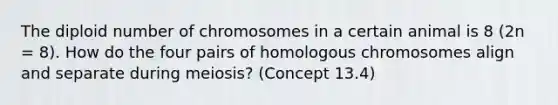 The diploid number of chromosomes in a certain animal is 8 (2n = 8). How do the four pairs of homologous chromosomes align and separate during meiosis? (Concept 13.4)