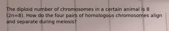 The diploid number of chromosomes in a certain animal is 8 (2n=8). How do the four pairs of homologous chromosomes align and separate during meiosis?