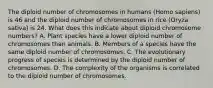 The diploid number of chromosomes in humans (Homo sapiens) is 46 and the diploid number of chromosomes in rice (Oryza sativa) is 24. What does this indicate about diploid chromosome numbers? A. Plant species have a lower diploid number of chromosomes than animals. B. Members of a species have the same diploid number of chromosomes. C. The evolutionary progress of species is determined by the diploid number of chromosomes. D. The complexity of the organisms is correlated to the diploid number of chromosomes.