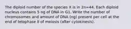 The diploid number of the species X is in 2n=44. Each diploid nucleus contains 5 ng of DNA in G1. Write the number of chromosomes and amount of DNA (ng) present per cell at the end of telophase II of meiosis (after cytokinesis).