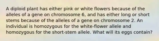 A diploid plant has either pink or white flowers because of the alleles of a gene on chromosome 6, and has either long or short stems because of the alleles of a gene on chromosome 2. An individual is homozygous for the white-flower allele and homozygous for the short-stem allele. What will its eggs contain?