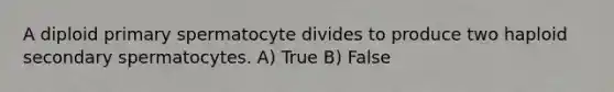 A diploid primary spermatocyte divides to produce two haploid secondary spermatocytes. A) True B) False