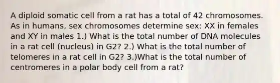 A diploid somatic cell from a rat has a total of 42 chromosomes. As in humans, sex chromosomes determine sex: XX in females and XY in males 1.) What is the total number of DNA molecules in a rat cell (nucleus) in G2? 2.) What is the total number of telomeres in a rat cell in G2? 3.)What is the total number of centromeres in a polar body cell from a rat?