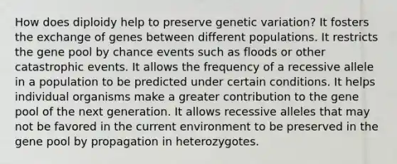 How does diploidy help to preserve genetic variation? It fosters the exchange of genes between different populations. It restricts the gene pool by chance events such as floods or other catastrophic events. It allows the frequency of a recessive allele in a population to be predicted under certain conditions. It helps individual organisms make a greater contribution to the gene pool of the next generation. It allows recessive alleles that may not be favored in the current environment to be preserved in the gene pool by propagation in heterozygotes.