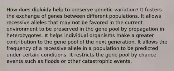 How does diploidy help to preserve genetic variation? It fosters the exchange of genes between different populations. It allows recessive alleles that may not be favored in the current environment to be preserved in the gene pool by propagation in heterozygotes. It helps individual organisms make a greater contribution to the gene pool of the next generation. It allows the frequency of a recessive allele in a population to be predicted under certain conditions. It restricts the gene pool by chance events such as floods or other catastrophic events.