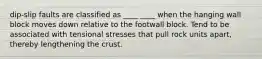 dip-slip faults are classified as ____ ____ when the hanging wall block moves down relative to the footwall block. Tend to be associated with tensional stresses that pull rock units apart, thereby lengthening the crust.
