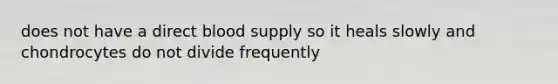 does not have a direct blood supply so it heals slowly and chondrocytes do not divide frequently