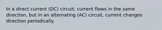 In a direct current (DC) circuit, current flows in the same direction, but in an alternating (AC) circuit, current changes direction periodically.