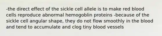 -the direct effect of the sickle cell allele is to make red blood cells reproduce abnormal hemogoblin proteins -because of the sickle cell angular shape, they do not flow smoothly in the blood and tend to accumulate and clog tiny blood vessels