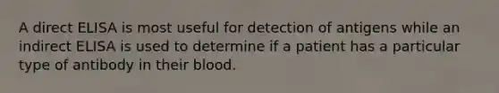 A direct ELISA is most useful for detection of antigens while an indirect ELISA is used to determine if a patient has a particular type of antibody in their blood.