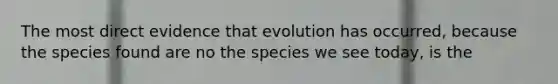 The most direct evidence that evolution has occurred, because the species found are no the species we see today, is the