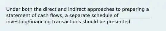 Under both the direct and indirect approaches to preparing a statement of cash flows, a separate schedule of _____________ investing/financing transactions should be presented.