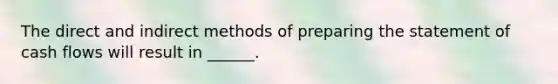 The direct and indirect methods of preparing the statement of cash flows will result in ______.