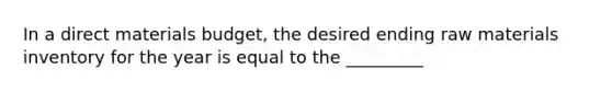 In a direct materials budget, the desired ending raw materials inventory for the year is equal to the _________