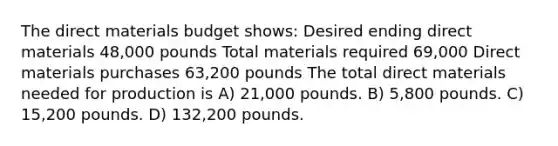 The direct materials budget shows: Desired ending direct materials 48,000 pounds Total materials required 69,000 Direct materials purchases 63,200 pounds The total direct materials needed for production is A) 21,000 pounds. B) 5,800 pounds. C) 15,200 pounds. D) 132,200 pounds.