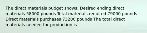 The direct materials budget shows: Desired ending direct materials 58000 pounds Total materials required 79000 pounds Direct materials purchases 73200 pounds The total direct materials needed for production is