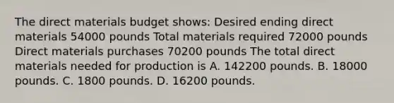 The direct materials budget shows: Desired ending direct materials 54000 pounds Total materials required 72000 pounds Direct materials purchases 70200 pounds The total direct materials needed for production is A. 142200 pounds. B. 18000 pounds. C. 1800 pounds. D. 16200 pounds.