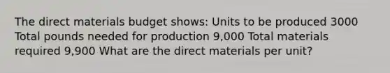 The direct materials budget shows: Units to be produced 3000 Total pounds needed for production 9,000 Total materials required 9,900 What are the direct materials per unit?