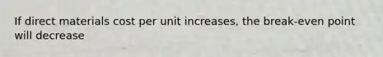 If direct materials cost per unit increases, the break-even point will decrease