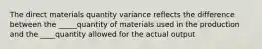 The direct materials quantity variance reflects the difference between the _____quantity of materials used in the production and the ____quantity allowed for the actual output