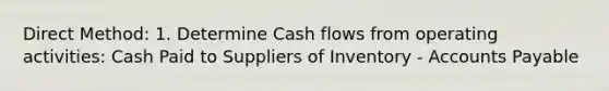 Direct Method: 1. Determine Cash flows from operating activities: Cash Paid to Suppliers of Inventory - Accounts Payable