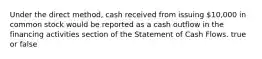 Under the direct method, cash received from issuing 10,000 in common stock would be reported as a cash outflow in the financing activities section of the Statement of Cash Flows. true or false