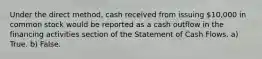 Under the direct method, cash received from issuing 10,000 in common stock would be reported as a cash outflow in the financing activities section of the Statement of Cash Flows. a) True. b) False.