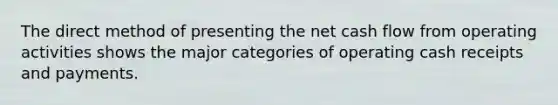 The direct method of presenting the net cash flow from operating activities shows the major categories of operating cash receipts and payments.