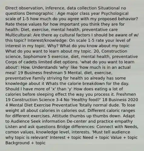 Direct observation, inference, data collection Situational no questions Demographic : Age major class year Psychological scale of 1-5 how much do you agree with my proposed behavior? Rate these values for how important you think they are for health: Diet, exercise, mental health, preventative care Multicultural: Are there ay cultural factors I should be aware of w/ this topic? Interest/knowledge: On scale 1-5 rate your level of interest in my topic. Why? What do you know about my topic What do you want to learn about my topic. 20, Construction science, Sophomore 5 exercise, diet, mental health, preventative Corps of cadets limited diet options. 'what do you want to learn about': How. Understands 'why' like 'how much is in an actual meal' 19 Business freshman 5 Mental, diet, exercise, preventative Family striving for health so already has some knowledge about it Whats the calorie breakdown for the day. Should I have more of 'x' than 'y' How does eating a lot of calories before sleeping effect the way you process it. Freshmen 19 Construction Science 3-4 No 'Healthy food?' 18 Business 2020 4 Mental Diet Exercise Preventative Totally normal dude. To lose weight all about calories in calories out. Different caloric ranges for different exercises. Attitude thumbs up thumbs down. Adapt to Audience Seek information De-center and practice empathy Listen and ask questions Bridge differences: Connect with Needs, comon values, knowledge level, interests. 'Must tell audience why topic is relevant' Interest + topic Need + topic Value + topic Background + topic