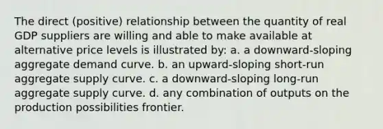 The direct (positive) relationship between the quantity of real GDP suppliers are willing and able to make available at alternative price levels is illustrated by: a. a downward-sloping aggregate demand curve. b. an upward-sloping short-run aggregate supply curve. c. a downward-sloping long-run aggregate supply curve. d. any combination of outputs on the production possibilities frontier.