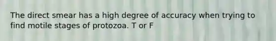 The direct smear has a high degree of accuracy when trying to find motile stages of protozoa. T or F