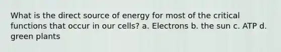 What is the direct source of energy for most of the critical functions that occur in our cells? a. Electrons b. the sun c. ATP d. green plants