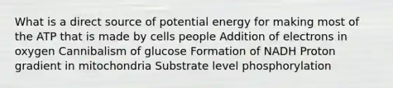 What is a direct source of potential energy for making most of the ATP that is made by cells people Addition of electrons in oxygen Cannibalism of glucose Formation of NADH Proton gradient in mitochondria Substrate level phosphorylation