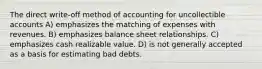 The direct write-off method of accounting for uncollectible accounts A) emphasizes the matching of expenses with revenues. B) emphasizes balance sheet relationships. C) emphasizes cash realizable value. D) is not generally accepted as a basis for estimating bad debts.