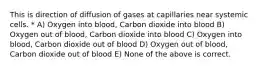 This is direction of diffusion of gases at capillaries near systemic cells. * A) Oxygen into blood, Carbon dioxide into blood B) Oxygen out of blood, Carbon dioxide into blood C) Oxygen into blood, Carbon dioxide out of blood D) Oxygen out of blood, Carbon dioxide out of blood E) None of the above is correct.