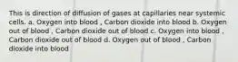 This is direction of diffusion of gases at capillaries near systemic cells. a. Oxygen into blood , Carbon dioxide into blood b. Oxygen out of blood , Carbon dioxide out of blood c. Oxygen into blood , Carbon dioxide out of blood d. Oxygen out of blood , Carbon dioxide into blood