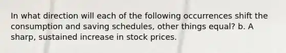 In what direction will each of the following occurrences shift the consumption and saving schedules, other things equal? b. A sharp, sustained increase in stock prices.