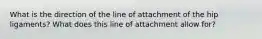 What is the direction of the line of attachment of the hip ligaments? What does this line of attachment allow for?