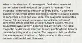 What is the direction of the magnetic field about an electric current when the direction of the current is reversed? The magnetic field reverses direction at every point. A clockwise pattern of concentric circles becomes a counterclockwise pattern of concentric circles and vice versa. The magnetic field rotates through 90 degrees at every point. A clockwise pattern of concentric circles becomes a radial outward pattern, while a counterclockwise pattern becomes radially inward. The radial magnetic field reverses direction. Inward pointing fields become outward pointing and vice versa. The magnetic field parallel to the wire reverses direction, so fields parallel to the current become antiparallel and vice versa.